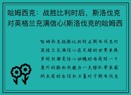 哈姆西克：战胜比利时后，斯洛伐克对英格兰充满信心(斯洛伐克的哈姆西克)