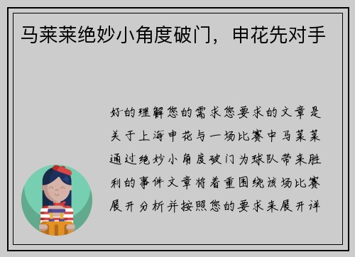 马莱莱绝妙小角度破门，申花先对手