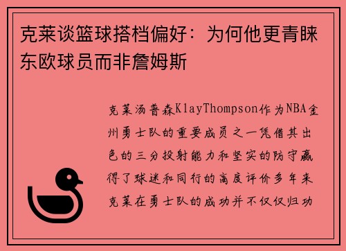 克莱谈篮球搭档偏好：为何他更青睐东欧球员而非詹姆斯