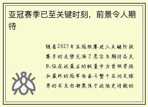 亚冠赛季已至关键时刻,前景令人期待 亚冠赛季已至关键时刻,前景令人期待