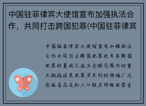 中国驻菲律宾大使馆宣布加强执法合作,共同打击跨国犯罪(中国驻菲律宾大使馆位置) 中国驻菲律宾大使馆宣布加强执法合作,共同打击跨国犯罪(中国驻菲律宾大使馆位置)
