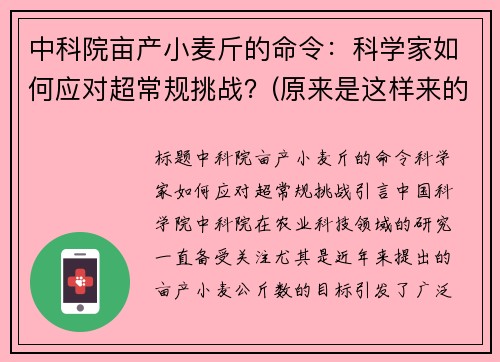 中科院亩产小麦斤的命令:科学家如何应对超常规挑战?(原来是这样来的) 中科院亩产小麦斤的命令:科学家如何应对超常规挑战?(原来是这样来的)