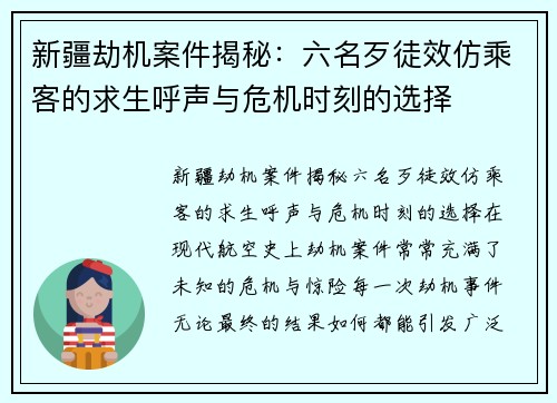新疆劫机案件揭秘：六名歹徒效仿乘客的求生呼声与危机时刻的选择
