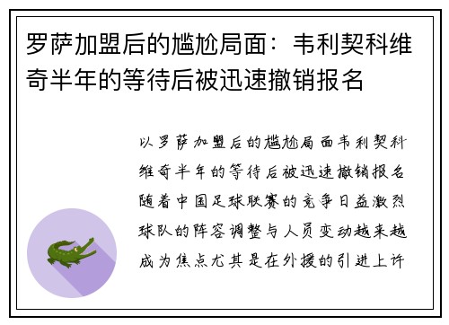 罗萨加盟后的尴尬局面：韦利契科维奇半年的等待后被迅速撤销报名