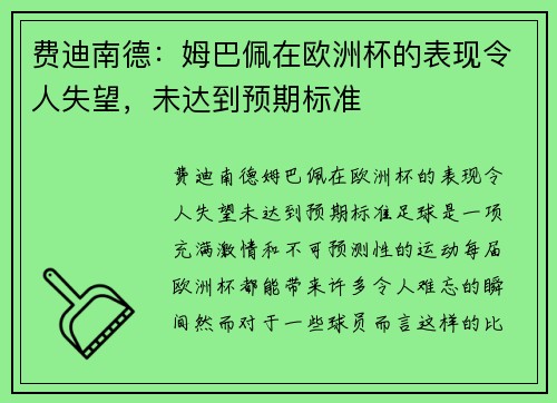 费迪南德：姆巴佩在欧洲杯的表现令人失望，未达到预期标准