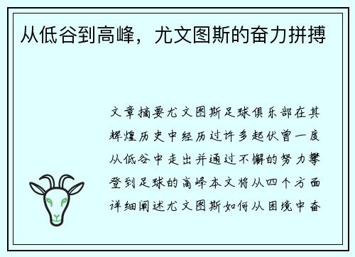 从低谷到高峰，尤文图斯的奋力拼搏